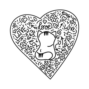 涂鸦手绘。 可爱的猫和心。 矢量插图