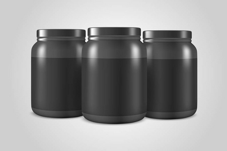 矢量逼真的3d 黑色塑料罐, 可以与盖子集特写镜头隔离在白色背景。设计模板乳清蛋白, 运动粉, 维生素, bcaa, 丸, 帽子