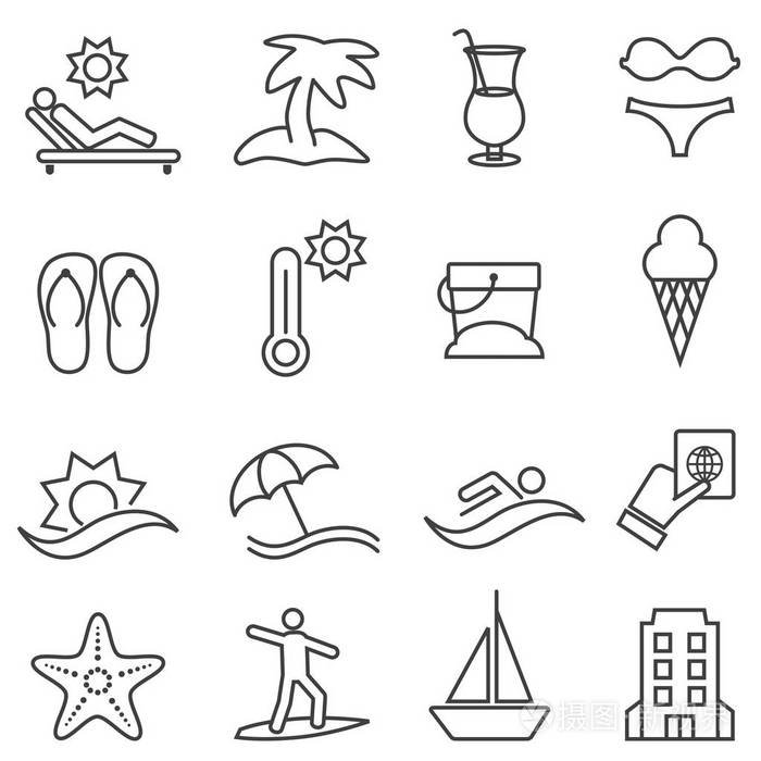 海滩度假村和夏季线图标集插画-正版商用图片185bl2-摄图新视界