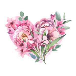 淡粉色花朵和绿叶的水彩插图。 牡丹花心型花束和玫瑰花在白色背景下分离。 婚礼和情人节贺卡的花卉元素
