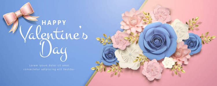 s day banner with paper flowers in pink and blue, 3d illustratio