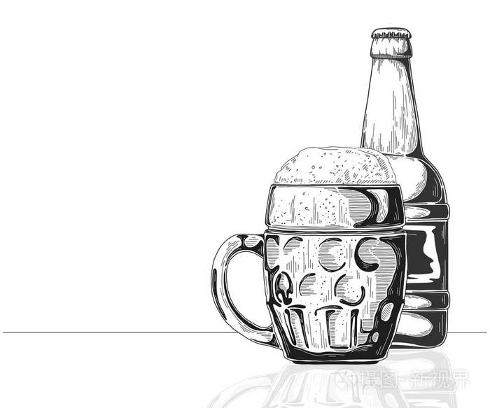一瓶啤酒一杯啤酒素描风格的矢量插图