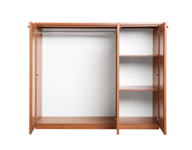 打开的空木衣柜,隔离的白色衣柜照片