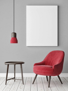 灰色墙上的模拟海报红色现代家具最小设计3D渲染3D插图