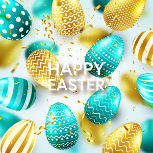 复活节金黄, 绿色鸡蛋用书法刻字, 问候。传统的春天假日在4月或3月。星期日。鸡蛋和金子