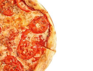 热奶酪披萨玛格丽特白色背景顶部视图。 文本空间