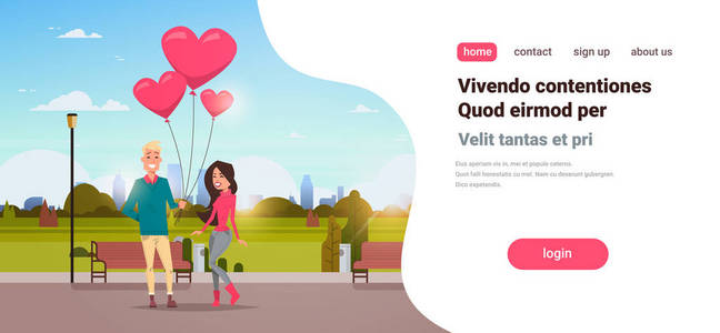 男人给女人粉红色的心形状的气球快乐情人节概念年轻夫妇在爱在城市城市公园城市景观背景水平复制空间