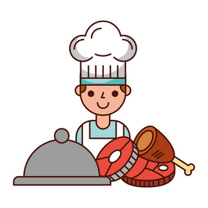 厨师卡通餐肉鸡和鱼