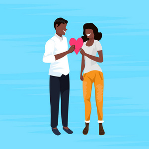 夫妇拿着红心形状快乐情人节概念非洲美国男人女人在爱男性女性卡通人物全长蓝色背景