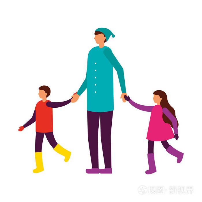 父亲牵手她的儿子和女儿插画-正版商用图片185gei-摄图新视界
