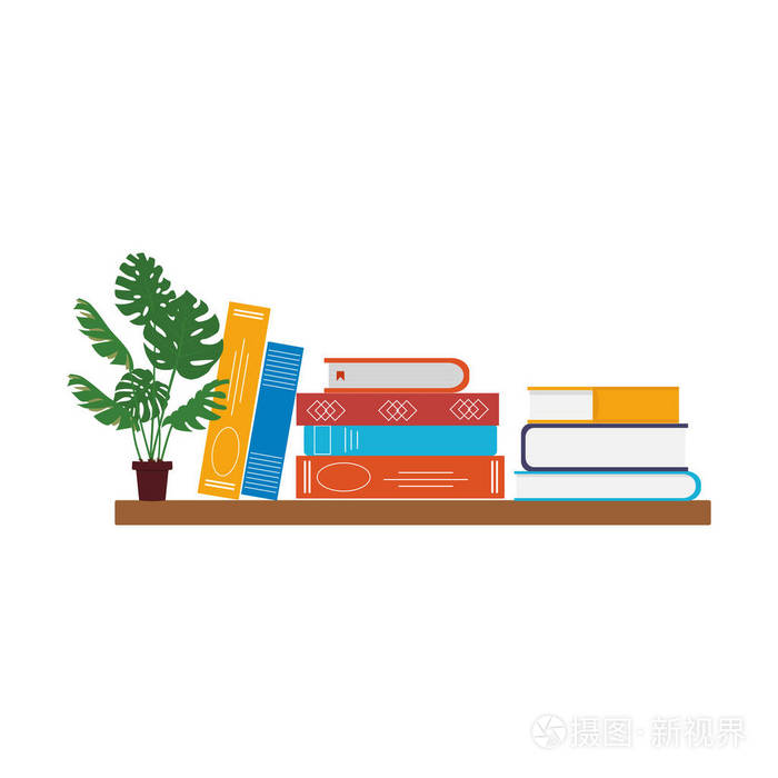 五颜六色的书架上有书和锅.