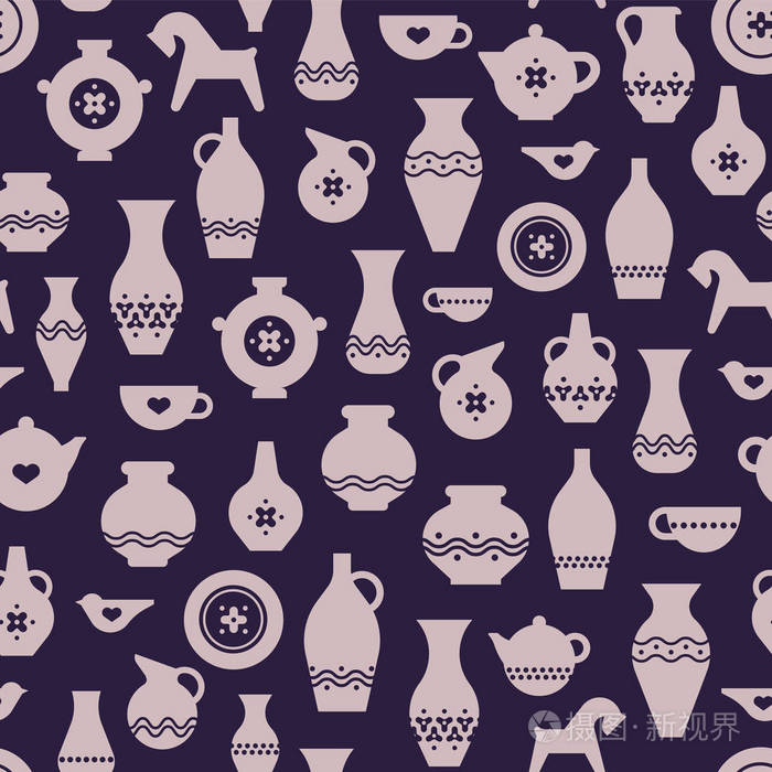 工艺陶器或陶瓷无缝图案.花瓶,盘子,杯子,茶壶
