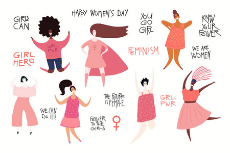 一组不同的女性，引用女孩权力手绘矢量插图概念的女权主义和妇女日