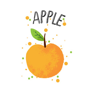 向量手画苹果例证。橙色苹果与果汁飞溅隔离在白色背景。用飞溅的苹果, 果汁热带水果, 上面有苹果字。新鲜的剪影水果