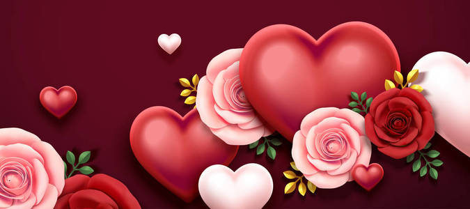 s day design with roses and heart shaped decorations in 3d illus