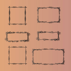 一套装饰性的老式彩色框架。 手绘矢量插图。