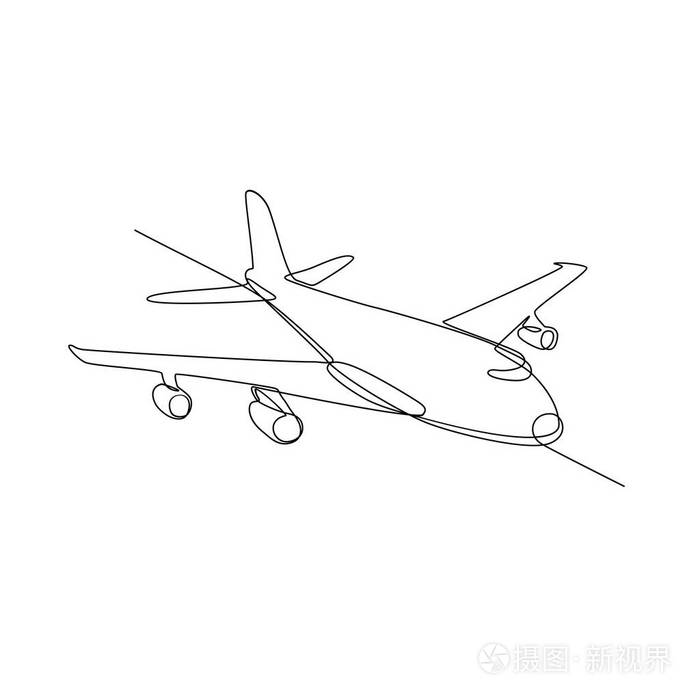 连续线插图大型喷气式客机或飞机在半空中飞行,以黑白单胆碱风格.