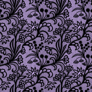 花边黑色无缝图案与花的紫色背景