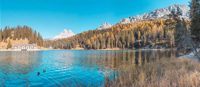 秋天意大利白云石山著名的米苏里纳湖的全景。 蒂罗尔阿尔卑斯山概念旅行