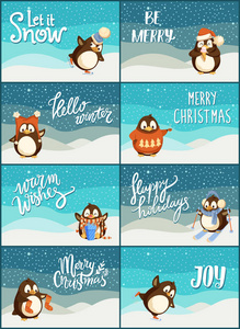 圣诞快乐降雪天气企鹅设置