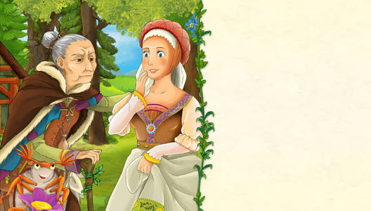 卡通场景与年长的女人和公主在森林中，为儿童提供文本插图的空间