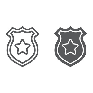警徽线和字形图标, 警察和警长, 标志, 矢量图形, 在白色背景的线性图案