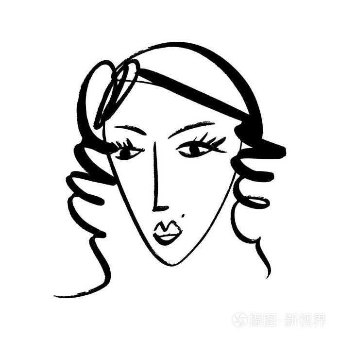 矢量简单手绘黑白潮流线条肖像艺术. 服装,纺织品和其他单色印刷品.