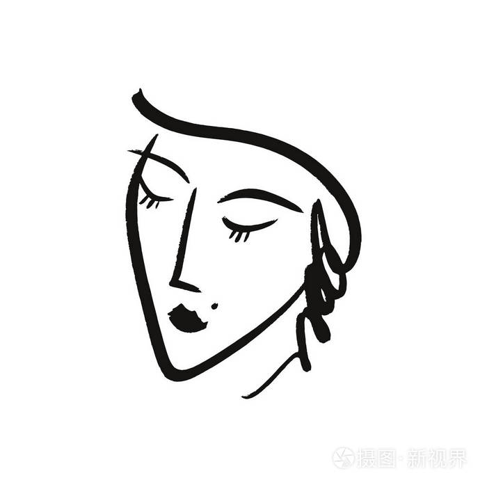 矢量简单手绘黑白潮流线条肖像艺术. 服装,纺织品和其他单色印刷品.