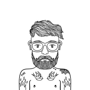 英俊时尚纹身休闲男子臀部与胡须和眼镜的肖像。 素描涂鸦风格插图。 着色页面元素。 矢量EPS剪辑