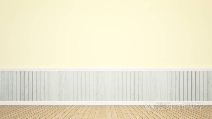 浅蓝色木材和黄色墙壁装饰在空房间的公寓或酒店室内简单设计的艺术