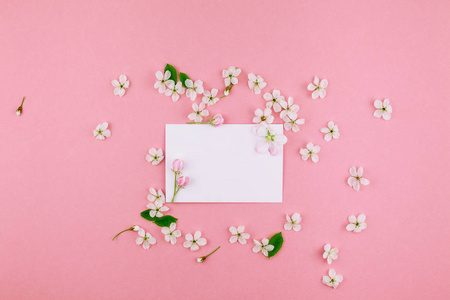 创意平躺概念顶部视图空白字母信封和春樱桃树花在千禧粉红色背景与复制空间的最小风格模板庆祝情人节卡片