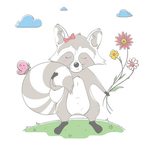可爱可爱的浣熊女孩留着花束。 带有卡通风格动物的弹簧卡。 简单矢量插图