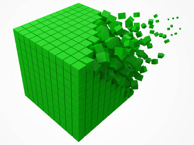 溶解数据块。用较小的绿色立方体制成。3d 像素样式矢量插图