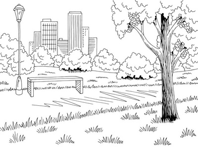 公园的图形公园图形,黑白色长凳,景观草图,插图照片