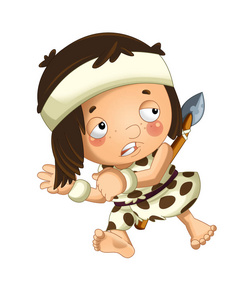 卡通场景与快乐的洞穴人野蛮战士与矛白色背景插图儿童照片