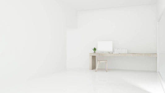 酒店或公寓书房白色房间的工作场所，简单设计，3渲染