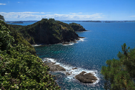 s day, looking along the rocky shoreline towards Moturoa Island 