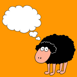 滑稽可爱的例子一只黑羊,上面有一个思想气球照片