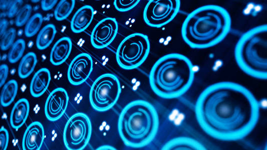 许多电子圈。黑暗背景上的许多小电子蓝色圆圈。电子声音旋转圆圈的抽象动画与霓虹灯