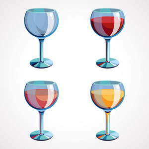 设置向量酒杯空, 与白色, 粉红色和红色的酒