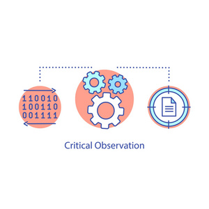 批判性观察概念图标。 人力资源软技能理念细线插图。 编程和数据编码。 工作过程。 矢量孤立轮廓图
