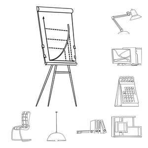 家具和工作符号的孤立对象。一套家具和家庭矢量图标股票