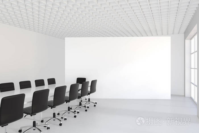 带全景窗户的白色会议室.3d 渲染