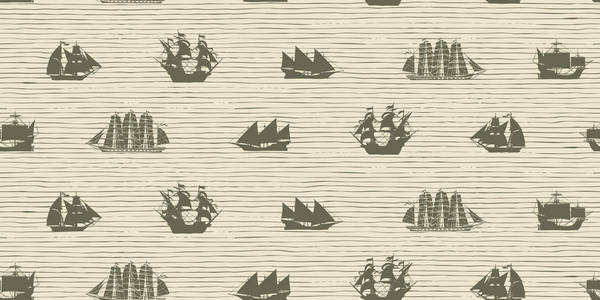 矢量无缝背景主题海上旅行与各种帆船。复古风格条纹背景上的海洋物体