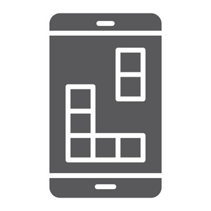 手机游戏字形图标, 设备和游戏, 智能手机标志, 矢量图形, 在白色背景上的固体图案