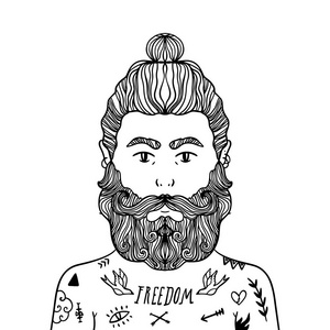 英俊时尚纹身的休闲男子留胡子的肖像。素描涂鸦风格插图。着色页面元素。矢量EPS剪贴画