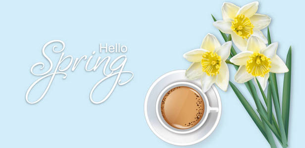 你好春天卡咖啡和水仙花花束向量真实的