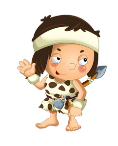 卡通场景与快乐的洞穴人野蛮战士与矛和斧头在白色背景插图为儿童。