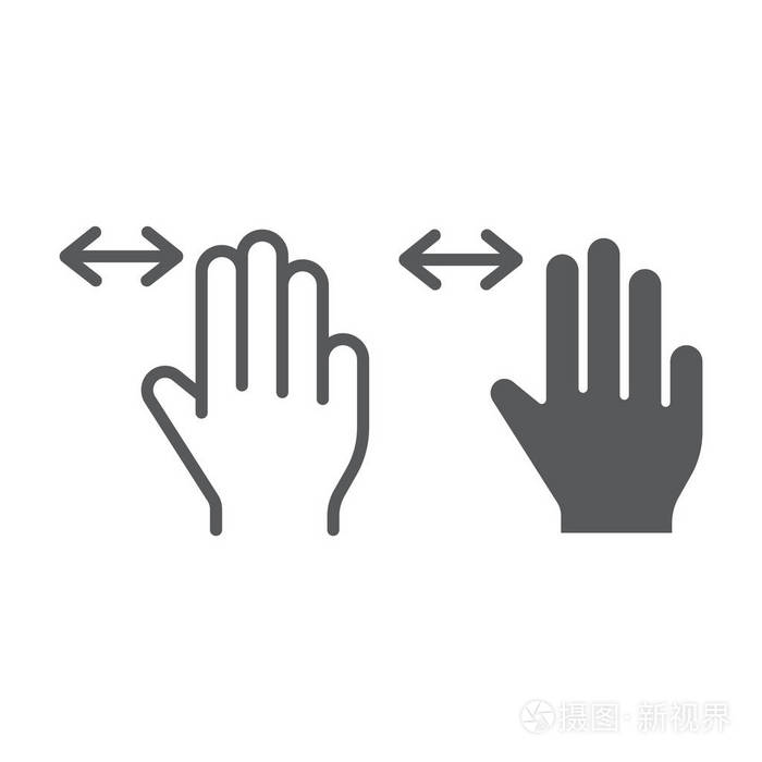 三根手指水平滚动条和字形图标, 手势和手, 轻触符号, 矢量图形, 在白色背景上的线性图案