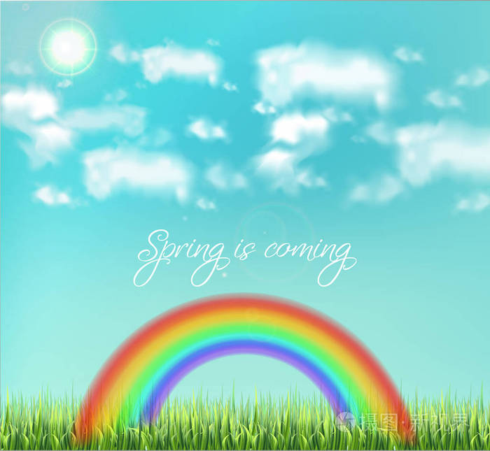 五颜六色的彩虹在天空背景向量现实美丽的绿色草甸背景